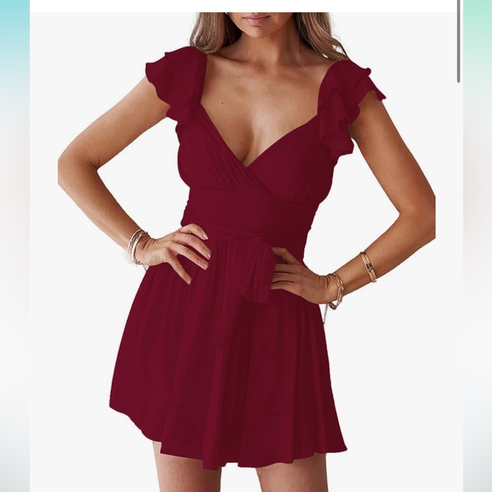 Women's Wrap Deep V Neck Ruffle Cap Sleeve Dress